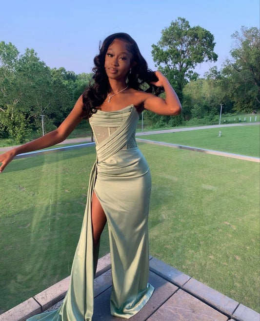 Pretty Mermaid Strapless Slit Black Girl Satin Long Prom Dresses Graduation Dress Evening Gowns D2614