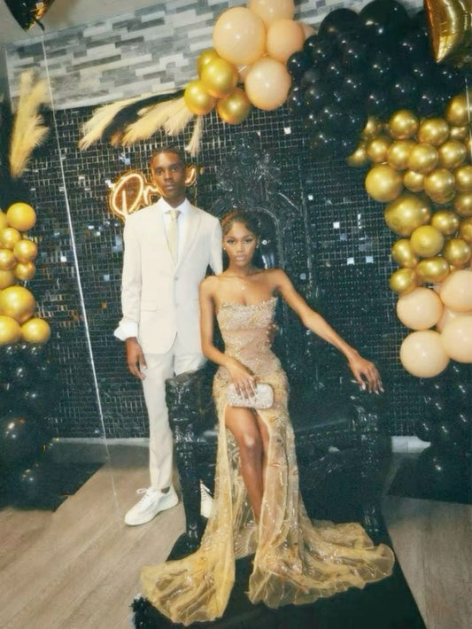 Sexy Mermaid Strapless Gold Sequin Slit Long Birthday Dress Birthday Outfits Graduation Dresses D2621