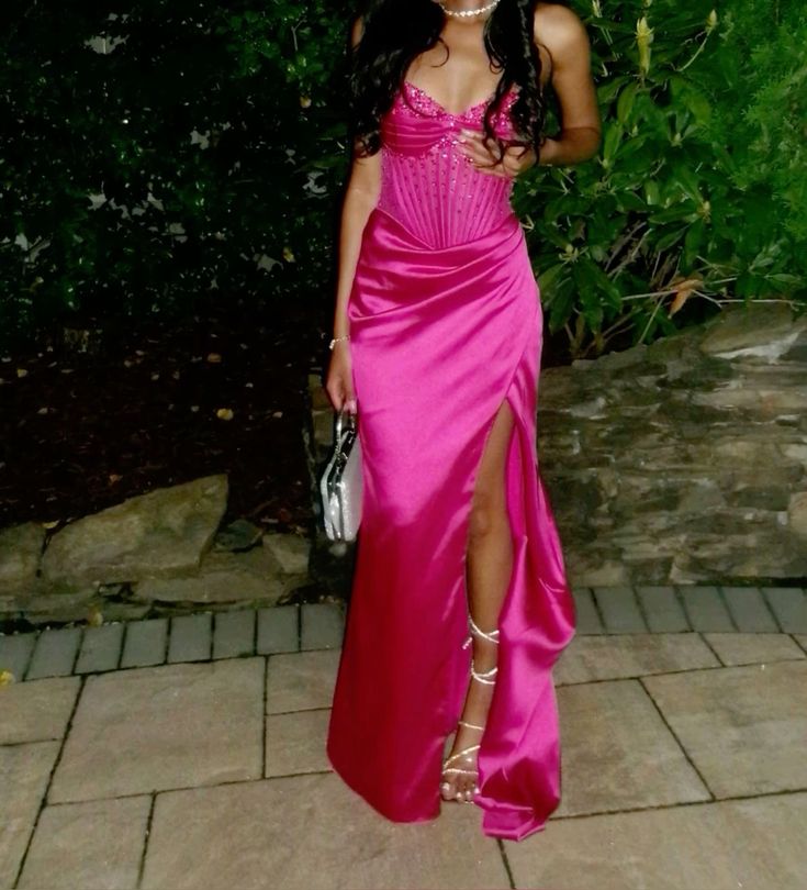 Gorgeous Mermaid Sweetheart Pink Satin Slit Long Prom Dress Party Dress Graduation Dresses D2595
