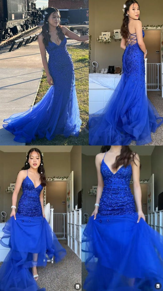 Classy Mermaid Spaghetti Straps Royal Blue Tulle Long Prom Dresses Summer Wedding Guest Dresses Wedding Guest Outfits D2648