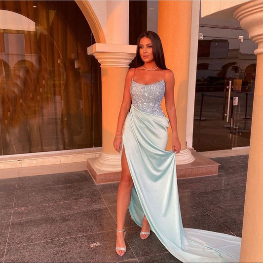 Classy Mermaid Spaghetti Straps Light Sky Blue Satin Long Prom Dresses Summer Wedding Guest Dresses Wedding Guest Outfits D2654