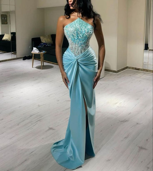 Sexy Mermaid Beads Blue Satin Prom Dresses Formal Summer Wedding Guest Dresses Wedding Guest Outfits D2656