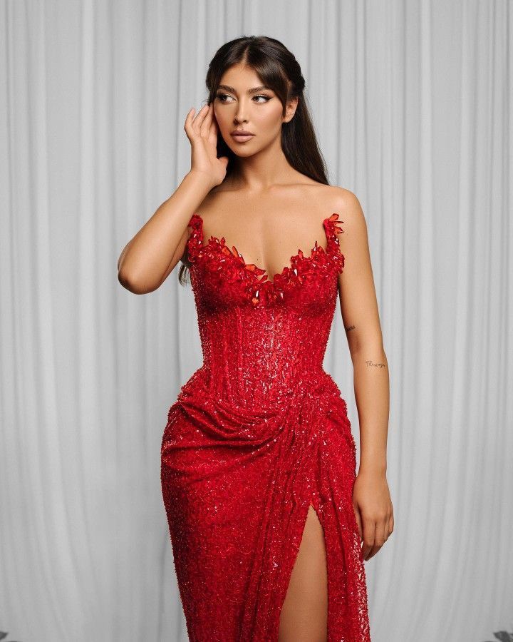 Sexy Mermaid Red Beads Sequin Prom Dresses Formal Summer Wedding Guest Dresses Wedding Guest Outfits D2658