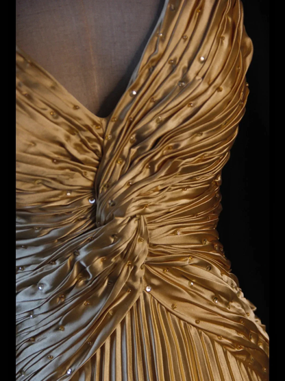 Classy A Line Halter Gold Satin Beads Long Evening Dress Prom Dresses SD2701