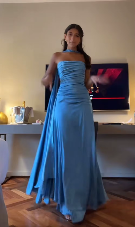 Classy Sheath Strapless With Ribbon Blue Ruffles Long Prom Dress SD2702