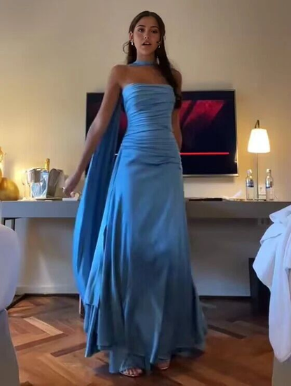 Classy Sheath Strapless With Ribbon Blue Ruffles Long Prom Dress SD2702