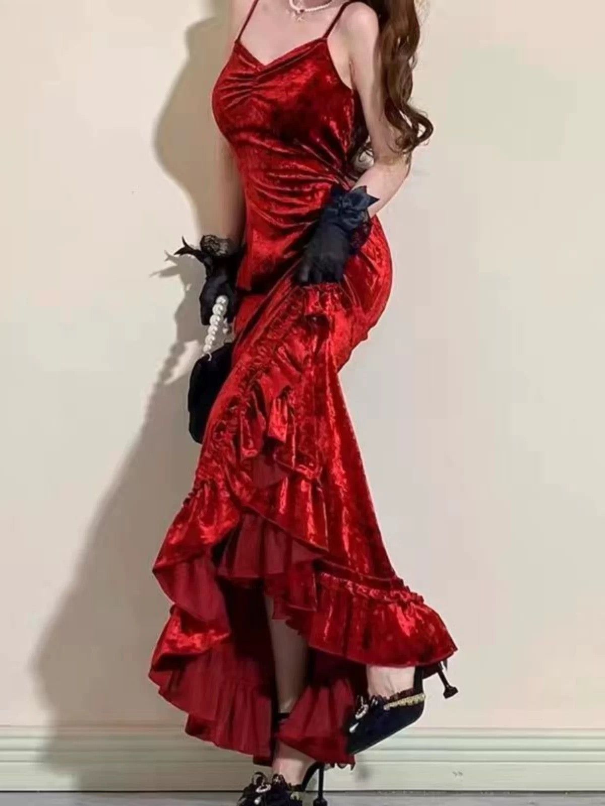 Classy Mermaid Spaghetti Straps Burgundy Ruffles Long Prom Dress SD2703