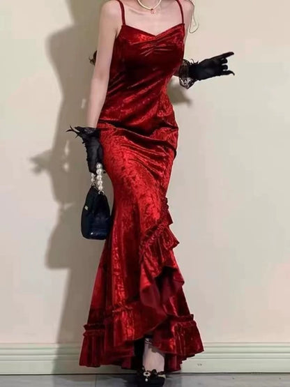 Classy Mermaid Spaghetti Straps Burgundy Ruffles Long Prom Dress SD2703