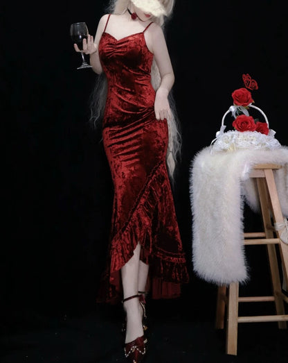 Classy Mermaid Spaghetti Straps Burgundy Ruffles Long Prom Dress SD2703