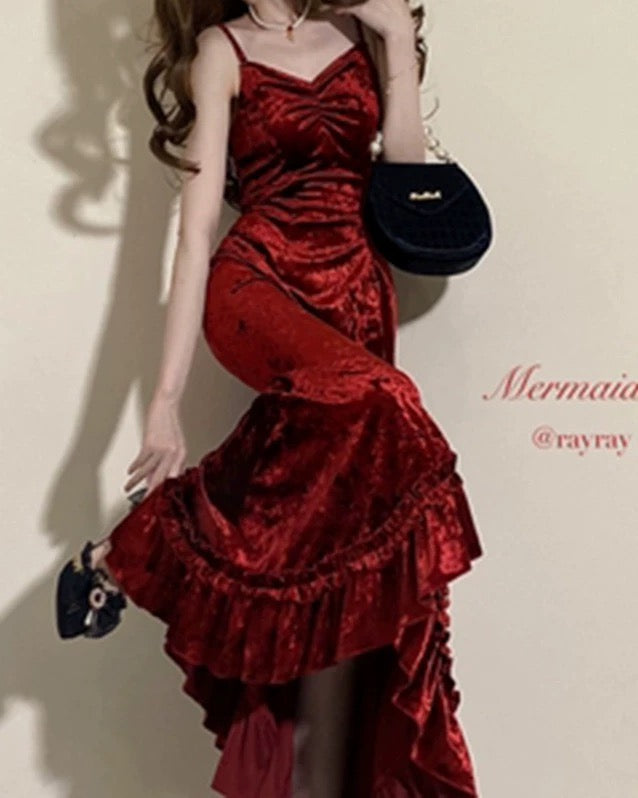 Classy Mermaid Spaghetti Straps Burgundy Ruffles Long Prom Dress SD2703