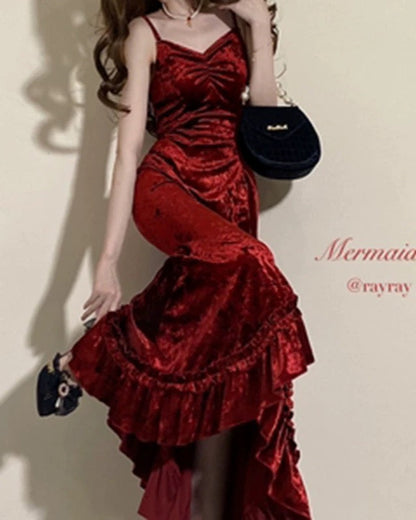 Classy Mermaid Spaghetti Straps Burgundy Ruffles Long Prom Dress SD2703