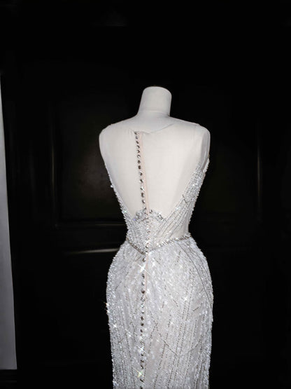 Vintage Mermaid Silver Gray Sequins Long Prom Dress Party Dress Graduation Dresses Birthday Outfits D2716