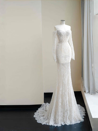 Pretty Bridal Gown Mermaid Off The Shoulder Lace White Long Wedding Dresses Modest Bridal Gowns D2717