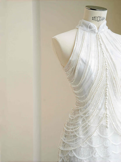 Pretty Bridal Gown Mermaid High Neck Sequin White Long Wedding Dresses Modest Bridal Gowns D2723