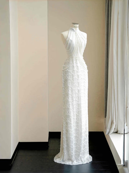 Pretty Bridal Gown Mermaid High Neck Sequin White Long Wedding Dresses Modest Bridal Gowns D2723