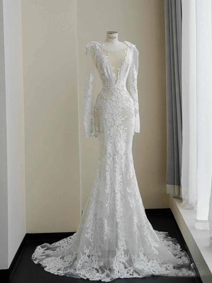Pretty Bridal Gown Mermaid V Neck Lace White Long Wedding Dresses Modest Bridal Gowns D2726