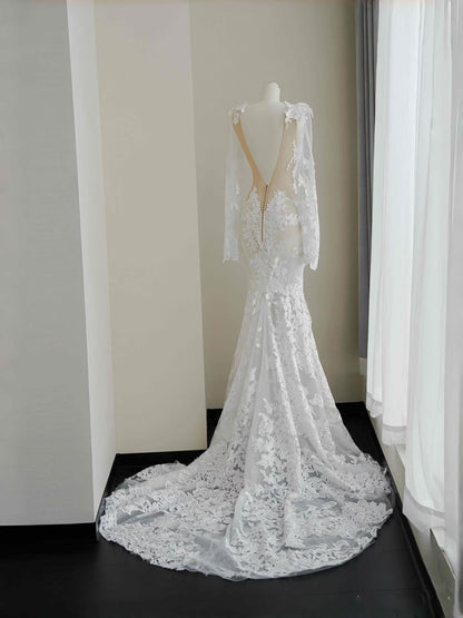 Pretty Bridal Gown Mermaid V Neck Lace White Long Wedding Dresses Modest Bridal Gowns D2726