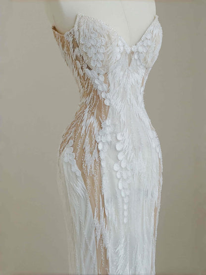 Pretty Bridal Gown Mermaid Sweetheart Lace White Long Wedding Dresses Modest Bridal Gowns D2727