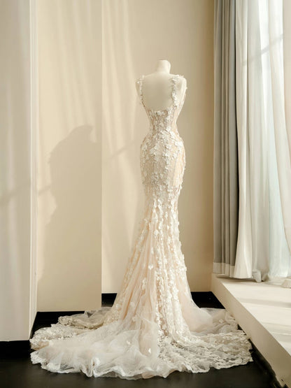 Simple Bridal Gown Mermaid Straps White Lace Floor Length Wedding Dresses Minimalist Bridal Gowns D2730