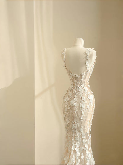 Simple Bridal Gown Mermaid Straps White Lace Floor Length Wedding Dresses Minimalist Bridal Gowns D2730