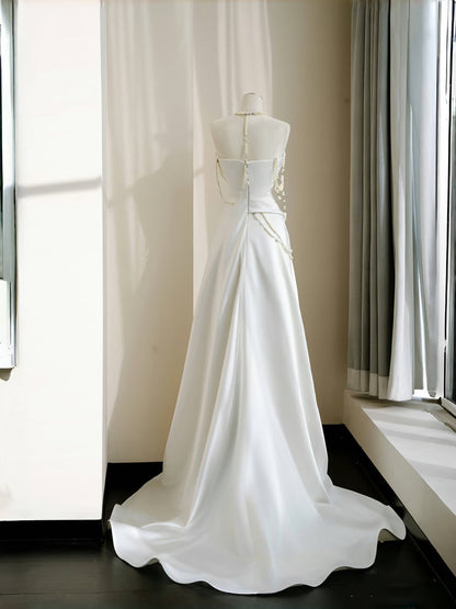 Simple Bridal Gown Sheath Strapless White Satin Floor Length Wedding Dresses Minimalist Bridal Gowns D2732