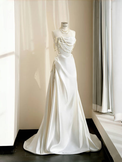 Simple Bridal Gown Sheath Strapless White Satin Floor Length Wedding Dresses Minimalist Bridal Gowns D2732