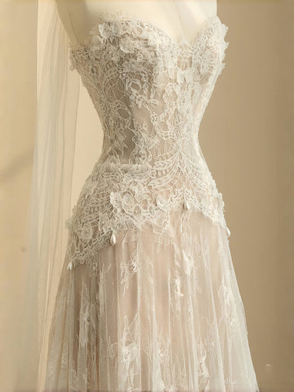 Simple Bridal Gown A line Sweetheart White Lace Floor Length Wedding Dresses Minimalist Bridal Gowns D2735