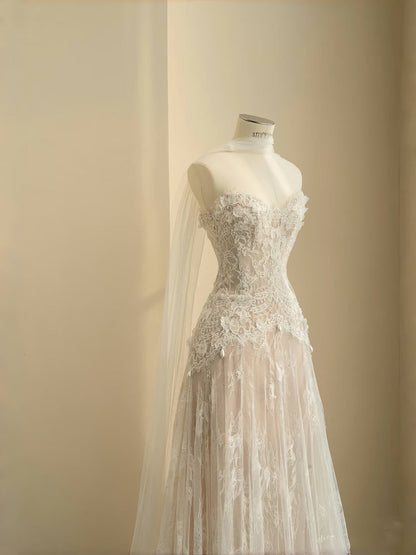 Simple Bridal Gown A line Sweetheart White Lace Floor Length Wedding Dresses Minimalist Bridal Gowns D2735