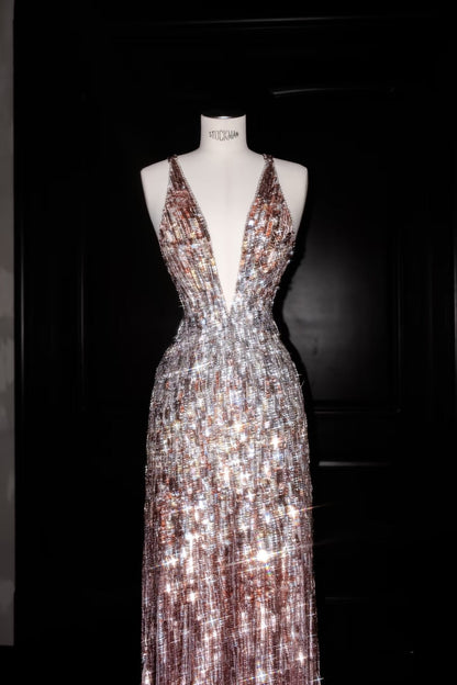 Gorgeous Mermaid V Neck Pink Sequin Long Prom Dress Party Dress Graduation Dresses D2736