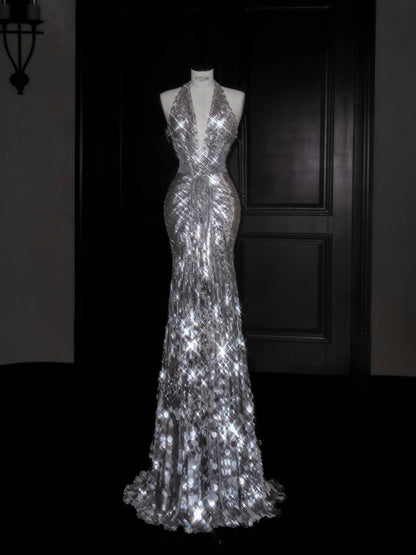 Sparkly Mermaid V Neck Silver Sequin Long Prom Dress Party Dress Graduation Dresses D2737