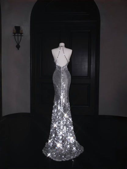 Sparkly Mermaid V Neck Silver Sequin Long Prom Dress Party Dress Graduation Dresses D2737