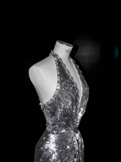 Sparkly Mermaid V Neck Silver Sequin Long Prom Dress Party Dress Graduation Dresses D2737