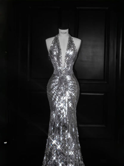 Sparkly Mermaid V Neck Silver Sequin Long Prom Dress Party Dress Graduation Dresses D2737