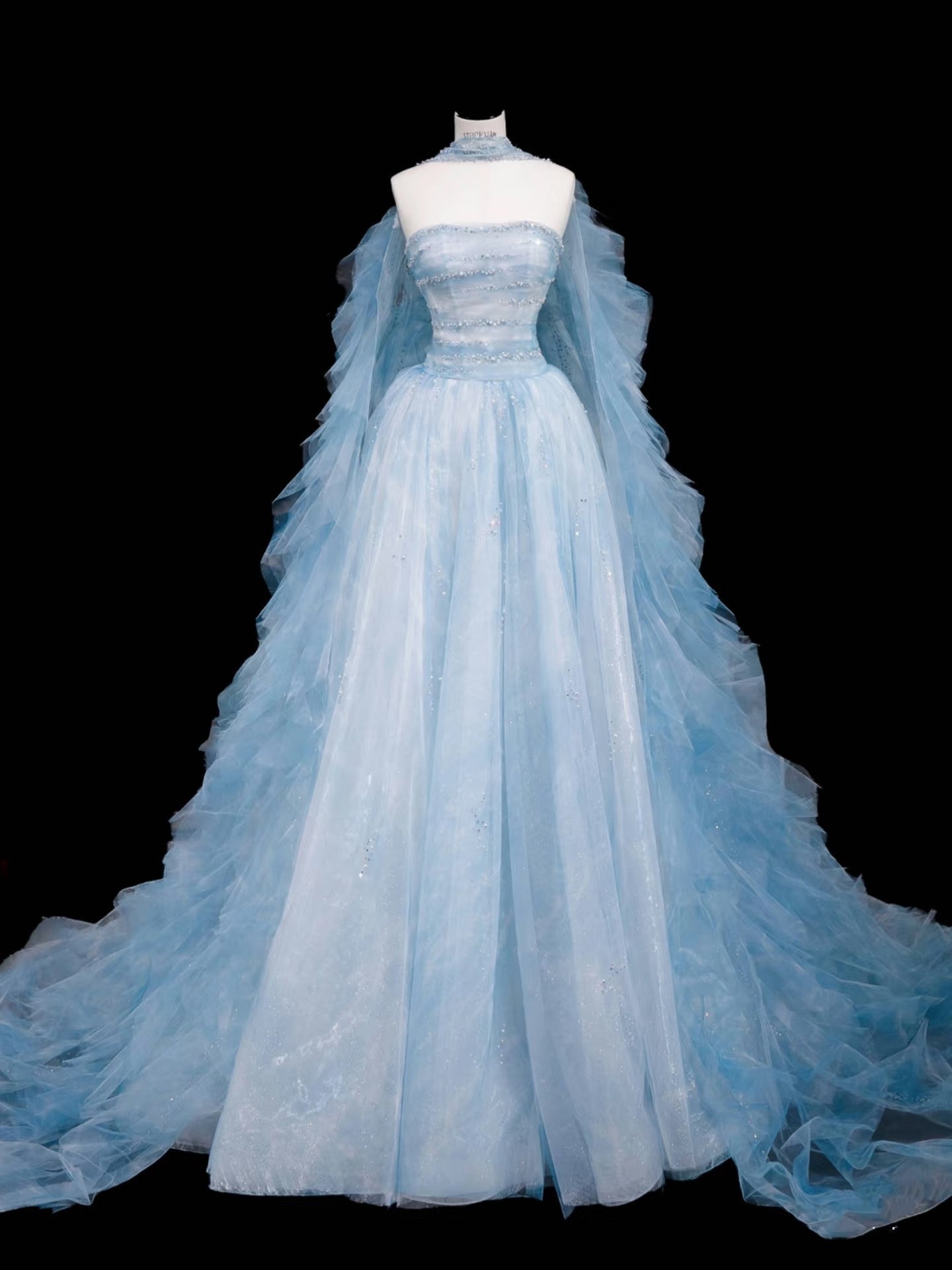 Modest Ball Gown Strapless Blue Tulle Long Prom Dress Party Dress Graduation Dresses D2739