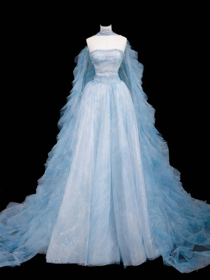 Modest Ball Gown Strapless Blue Tulle Long Prom Dress Party Dress Graduation Dresses D2739