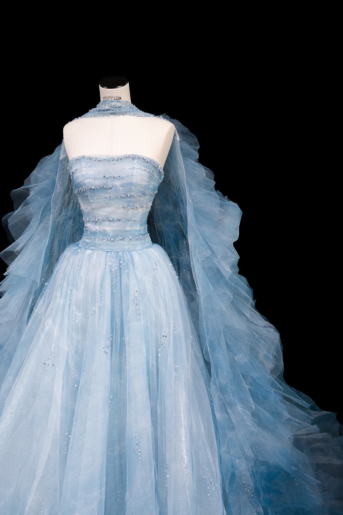 Modest Ball Gown Strapless Blue Tulle Long Prom Dress Party Dress Graduation Dresses D2739