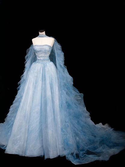 Modest Ball Gown Strapless Blue Tulle Long Prom Dress Party Dress Graduation Dresses D2739