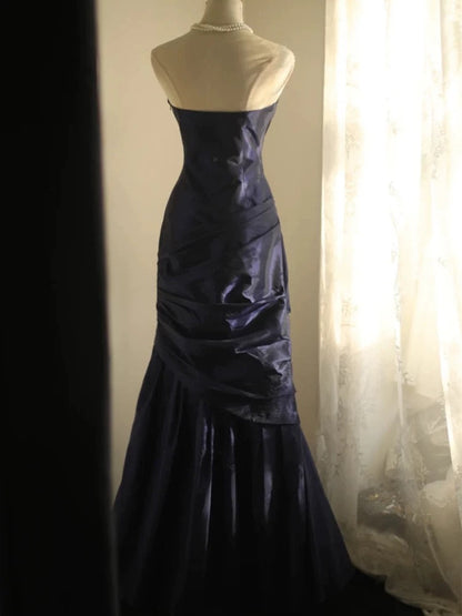 Classy Mermaid Strapless Navy Blue Organza Long Evening Gowns Prom Dress SD2743