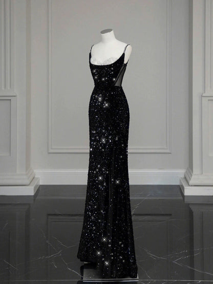 Classy Mermaid Spaghetti Straps Black Sequin Slit Long Evening Gowns Prom Dress SD2744