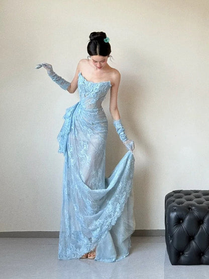 Classy Mermaid Strapless Lace Blue Long Evening Gowns Split Prom Dress SD2748