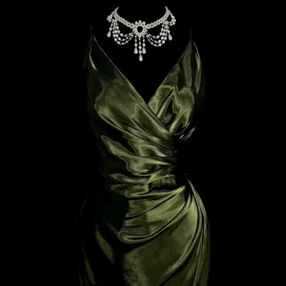 Retro Mermaid Spaghetti Straps Satin Green Long Evening Dress Prom Dresses SD2754