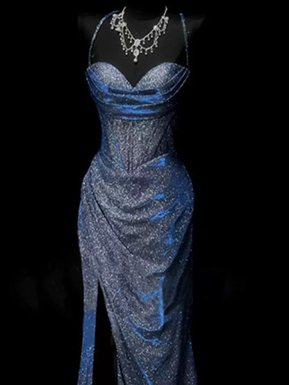 Classy Mermaid Spaghetti Straps Navy Blue Sequin Long Evening Gowns Prom Dress SD2765