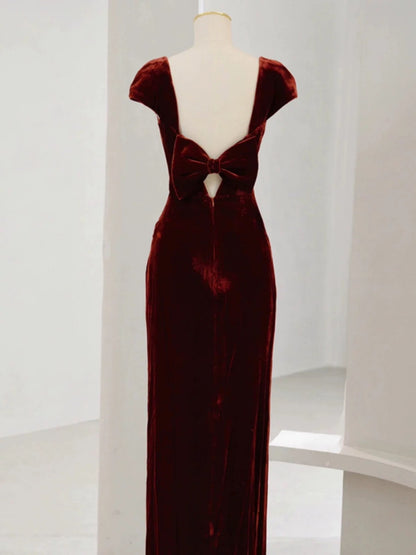Pretty Mermaid Burgundy Velvet Slit Evening Dress Prom Dresses SD2771