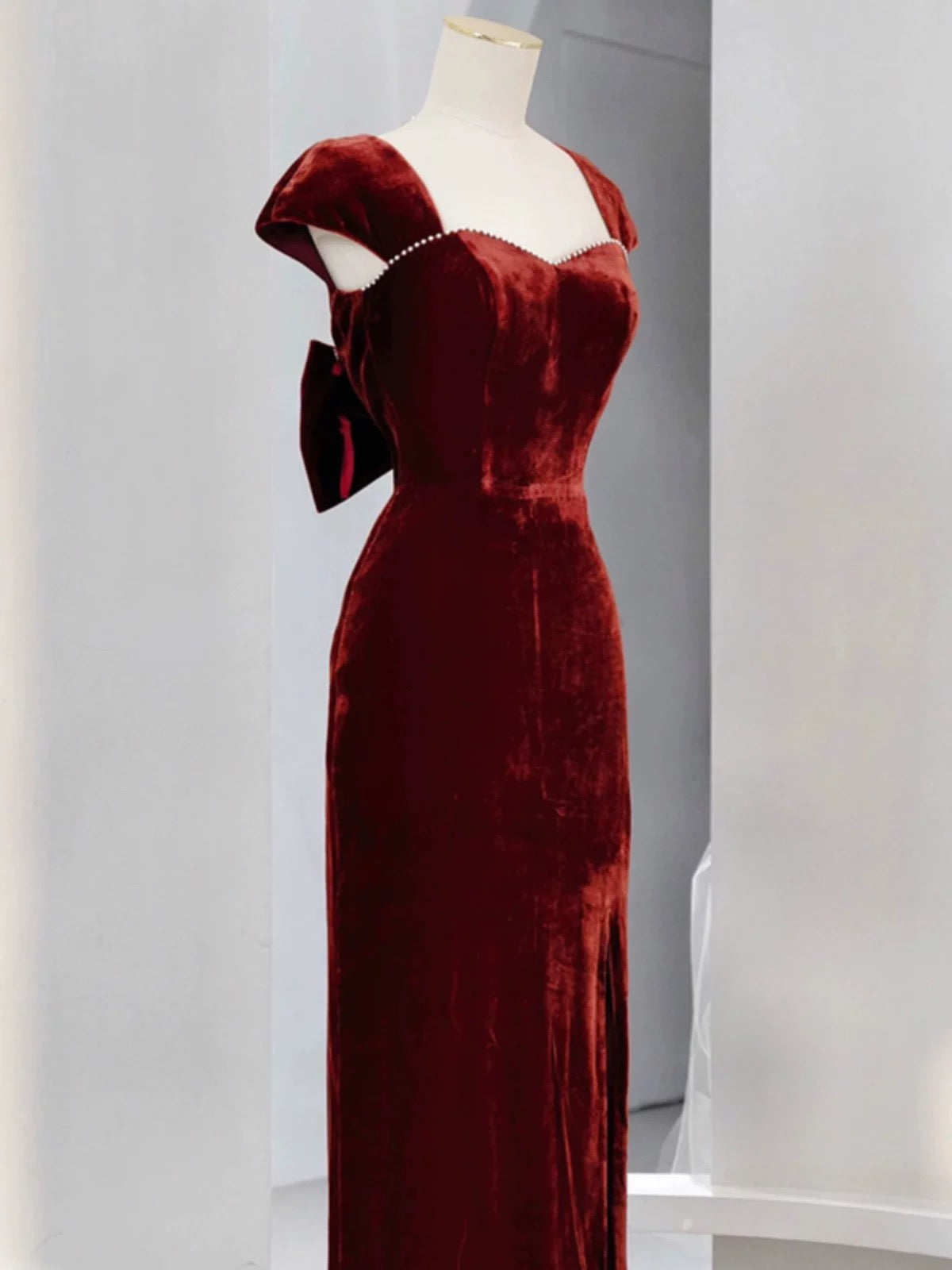 Pretty Mermaid Burgundy Velvet Slit Evening Dress Prom Dresses SD2771