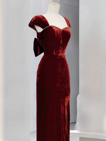 Pretty Mermaid Burgundy Velvet Slit Evening Dress Prom Dresses SD2771