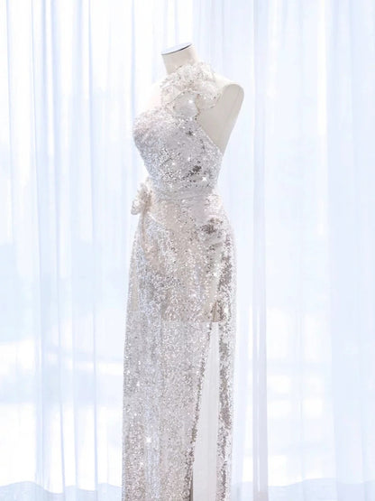 Pretty A Line One Shoulder Silver Sequin Long Length Evening Dress Prom Dresses SD2777