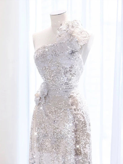 Pretty A Line One Shoulder Silver Sequin Long Length Evening Dress Prom Dresses SD2777