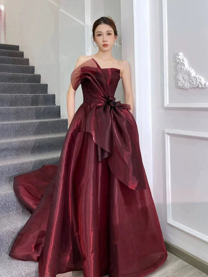 Pretty Ball Gown Strapless Burgundy Organza Long Length Evening Dress Prom Dresses SD2778