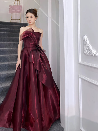 Pretty Ball Gown Strapless Burgundy Organza Long Length Evening Dress Prom Dresses SD2778