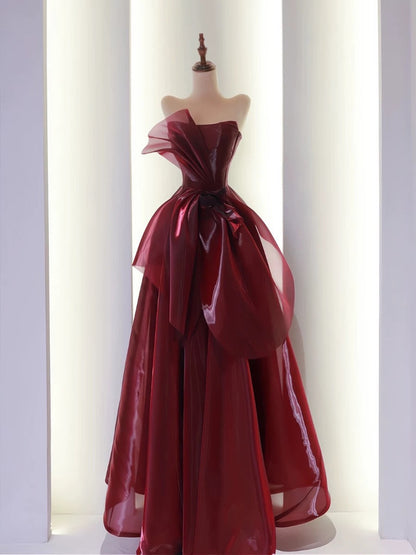 Pretty Ball Gown Strapless Burgundy Organza Long Length Evening Dress Prom Dresses SD2778